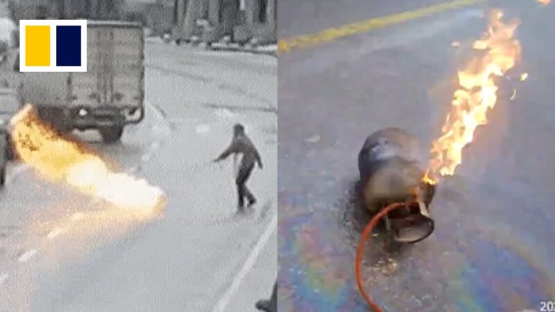 炎上しているガスボンベのバルブを占める警官は命がけです！