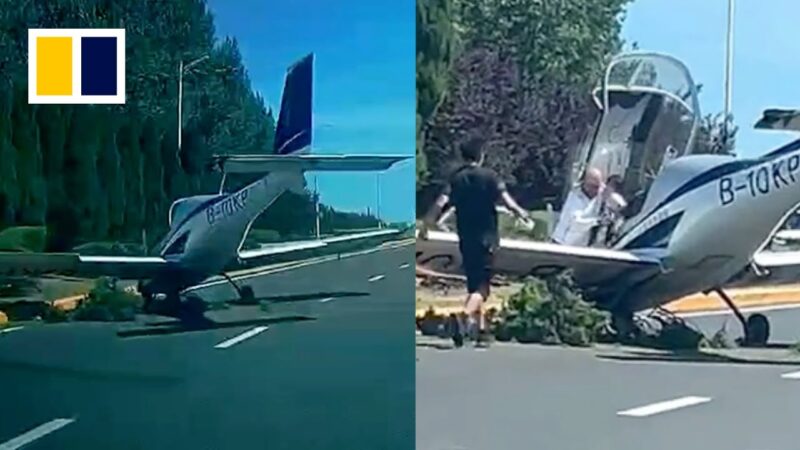 小型飛行機が高速道路に緊急着陸してしまい危うく車が巻き込まれかけた！