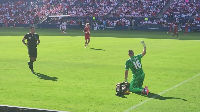 カナダ対ペルーのサッカーの試合中に審判が倒れてしまいました。