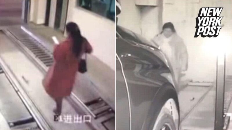 スマートフォンに夢中になっていた男性が駐車場エレベーターで車に轢かれてしまう！