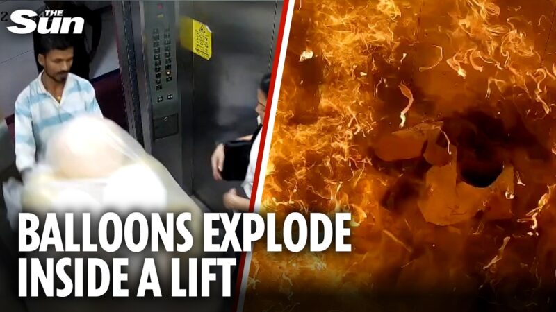 エレベーター内で爆発性ガスを充填した風船の束が巨大な火の玉となって爆発してしまう！！