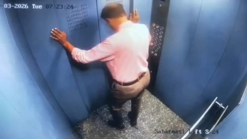 故障エレベーターが急上昇する直前に脱出した男性の危機一髪映像