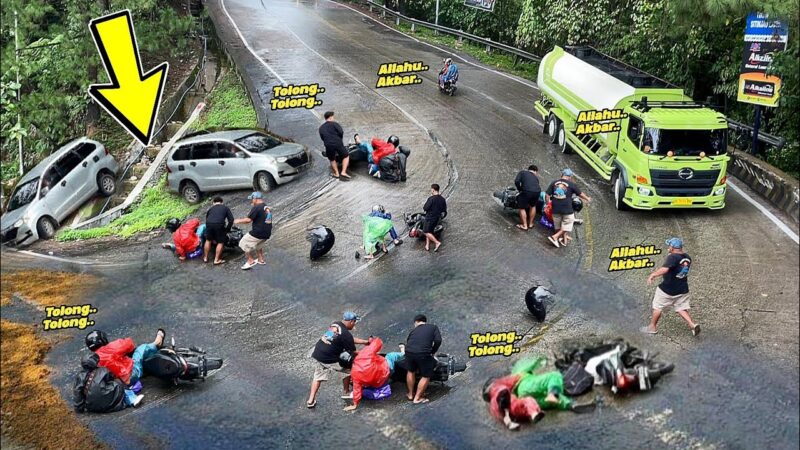 未舗装の急坂カーブで路面が滑って滑る車が続出中！！