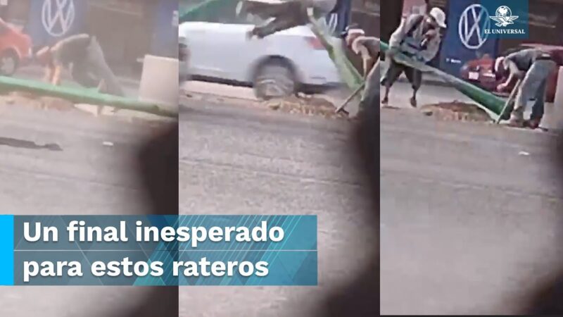 倒れた電柱のケーブルを盗もうとした泥棒が猛スピードで走ってきた車両に吹っ飛ばされた！！